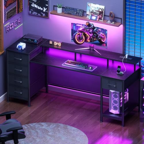 Korfile 61 Inch Gaming Computer Desk with Power Outlets,LED,5 Drawers,Black