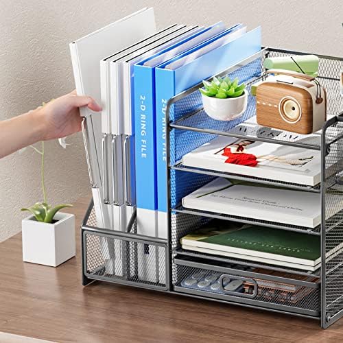 Marbrasse 5-Tier Paper Letter Tray Organizer with Drawer and Pen Holder, Mesh Desktop Organizer and Storage with Magazine Holder for Office Supplies (Grey)
