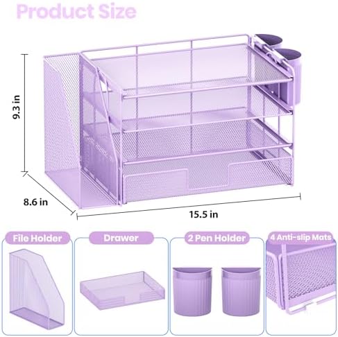 OPNICE Desk Organizer, 4-Tier Desktop File Organizer with Drawer and Pen Holders, Office Desk Accessories, File Sorters, Workspace Organizers for Office Supplies(Purple)