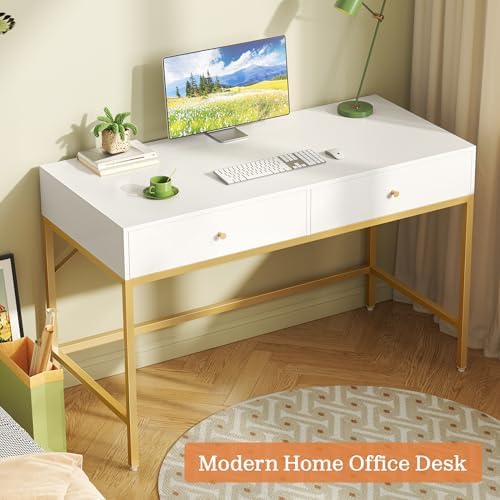 SUPERJARE White and Gold Vanity Desk with Drawers, 47 inch Computer Desk
