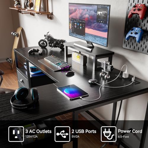 Furologee 50 Inch L Shaped Gaming Desk with Power Outlet and Drawers, Black