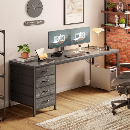 PRAISUN 63 Inch Computer Office Desk with Power Outelts and USB-C Port, Reversible Gaming Desk with 4 Fabric Drawers, Work Study Desk Work from Home, Grey