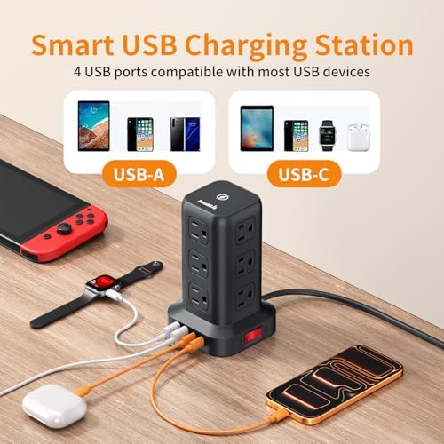 Extension Cord with Multiple Outlets, SMALLRT Power Strip Tower, 10FT Outlet Extender with 12 AC Outlets 4 USB, Power Strip with USB Ports for Home Office Dorm Room,Overload Protection