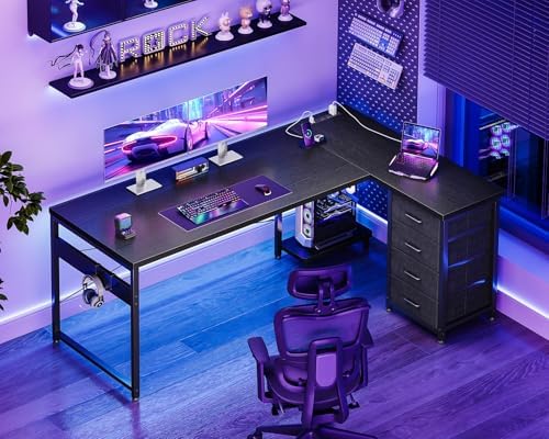AODK 61" L Shaped Gaming Desk with 4 Drawers and Power Outlets, Black