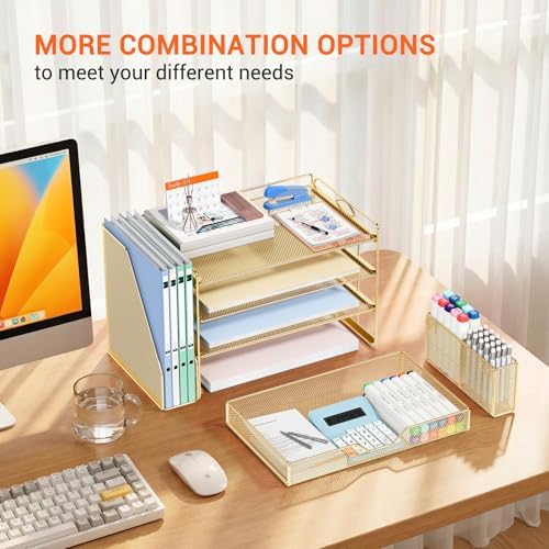 OPNICE Desk Organizers and Accessories, 4-Tier Desktop File Organizer with Drawer and Pen Holders, Office Desk Accessories Workspace Organizers for Office Supplies (Gold)