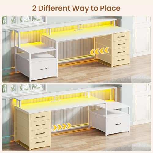 SEDETA Computer Desk with 5 Drawer, Power Outlet, Led Lights, White