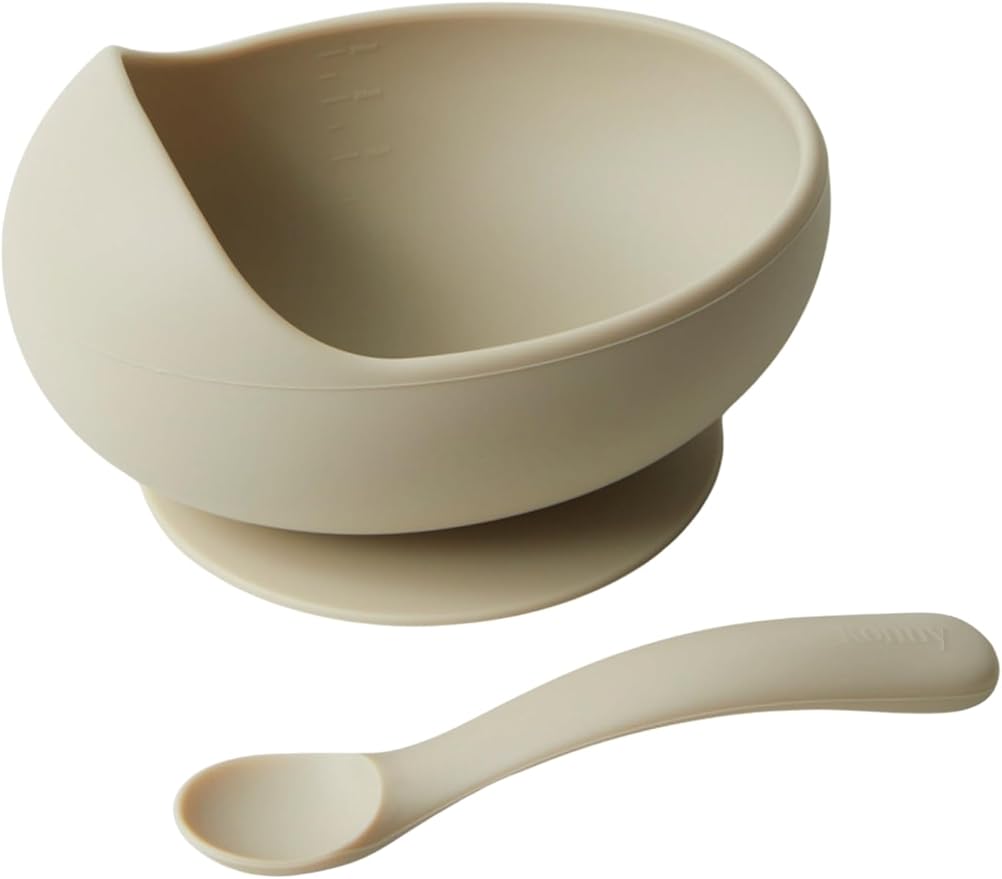 Konny Baby Bowl Microwaveable Silicone & Spoon Set, Self Feeding Essentials Baby Led Weaning Supplies -Mustard Cream