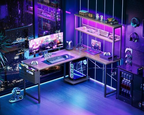 AODK L Shaped Desk Gaming Desk with LED Light & Power Outlet