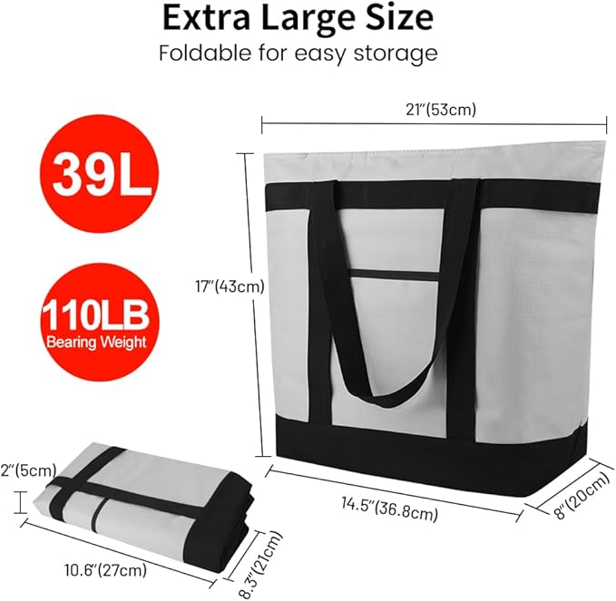 mosago 2PK Insulated Grocery Tote Bags, Large 39L Reusable Cooler Bags with Zipper, Leak-Resistant Thermal Shopping Bag for Food Delivery, Beach, Travel, Picnic & Camping, Collapsible