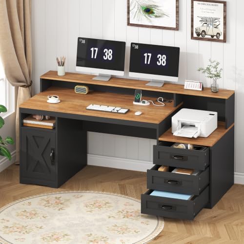 65" Farmhouse Computer Desk with Drawers and Printer Stand for Home Office
