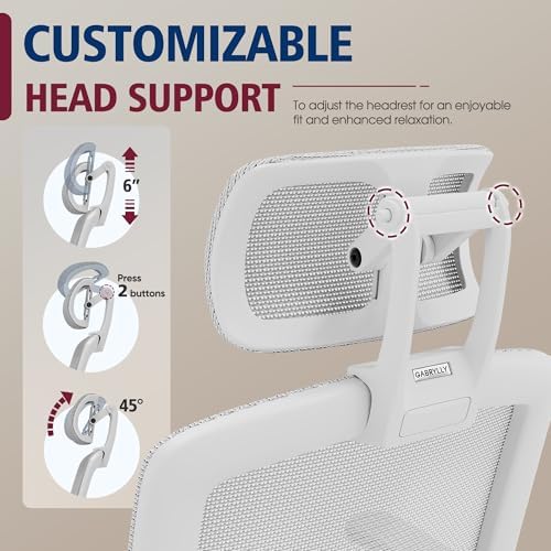 GABRYLLY Ergonomic Office Chair, High Back Home Desk Chair with Headrest, Flip-Up Arms, 90-120° Tilt Lock and Wide Cushion, 300LBS Mesh Chairs for Man Woman, White Task Chair(Grey,GY01WG)