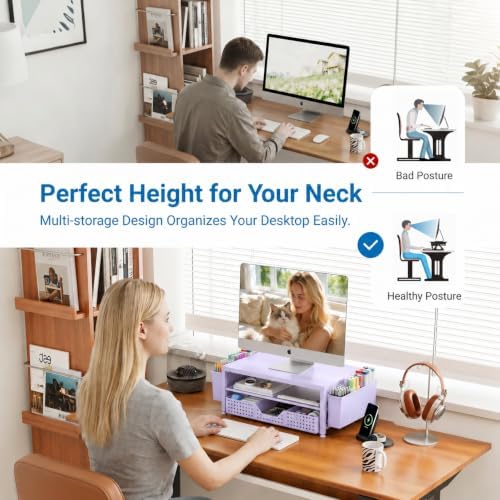OPNICE Desk Organizers and Accessories, Computer Monitor Stand Riser with Drawer and 2 Pen Holders, Printer & Laptop Stand, Office Desk Accessories & Workspace Organizers for Home Office Supplies, Purple