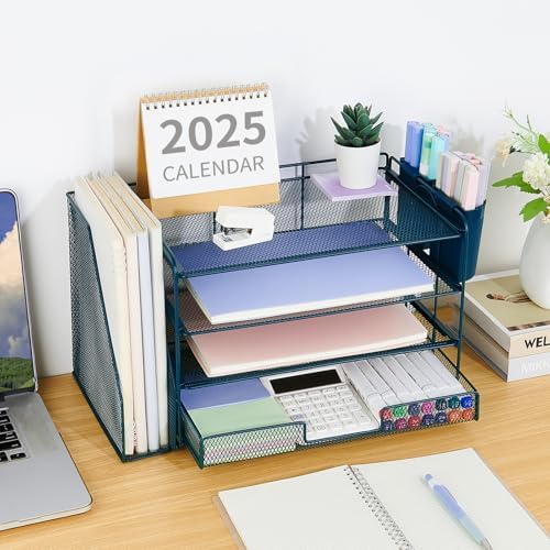 OPNICE Desk Organizer, 4-Tier Desktop File Organizer with Drawer and Pen Holders, Office Desk Accessories, File Sorters, Workspace Organizers for Office Supplies(Dark Blue)
