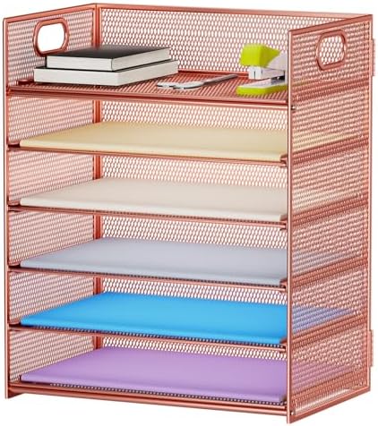 Marbrasse 6 Tier Paper Organizer Letter Tray - Mesh Desk File Organizer with Handle, Paper Sorter Organizer for Letter/A4 Office File Folder Holder - Rose Gold