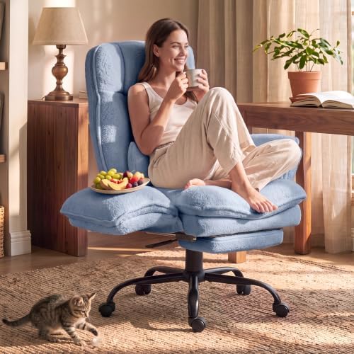 Wider Seat Office Chair with Flip Armrests for Criss Cross Legged&Cats, Big and Tall Executive Ergonomic Reclining Chair with Footrest&Lumbar Pillow, Teddy Fleece Desk Chair,Blue Vanity Chair