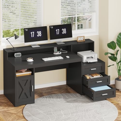 65" Farmhouse Computer Desk with Drawers and Printer Stand for Home Office
