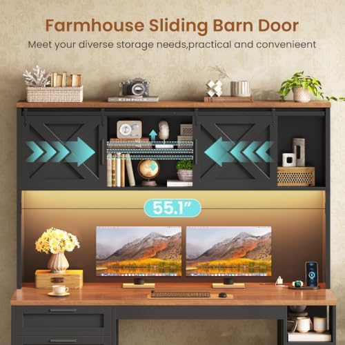 SEDETA 55.1" Farmhouse Desk with Hutch & 3 Storage Drawers
