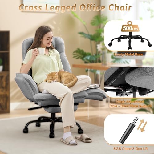 Wider Seat Office Chair with Flip Armrests for Criss Cross Legged&Cats, Big and Tall Executive Ergonomic Reclining Chair with Footrest&Lumbar Pillow, Teddy Fleece Desk Chair,Grey Vanity Chair