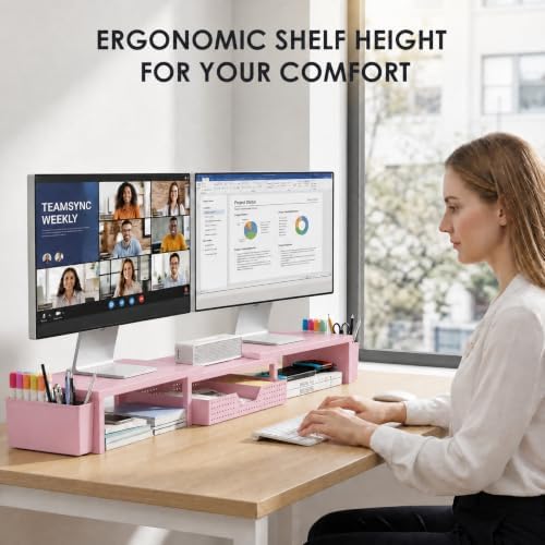 OPNICE Desk Organizers and Accessories, Dual Monitor Stand Riser with Drawer and 2 Pen Holders, Desk Shelf Computer Racks for Office Workspace Organizers, Desktop Organization (Pink)