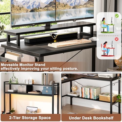 Aheaplus L Shaped Gaming Desk with Power Outlets & LED Lights, Black