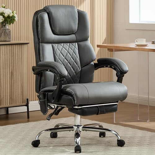 Massage Office Chair with Heat & Footrest,Heated Comfy Reclining Desk Chair with Vibration,Executive Big and Tall Chairs for Heavy People,Adjustable Height Black Grey