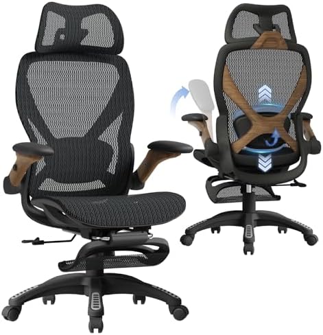 ELABEST X100 Ergonomic Mesh Office Chair with Footrest, Big and Tall Home Desk Chair with 5D Flip-Up Arms, Adjustable 3D Lumbar Support, Gaming & Executive Computer Chair (Library Oak)