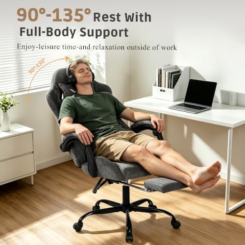 Fabric Gaming Chair for Adults, Ergonomic Computer Office Desk Chair with Footrest,Pocket Spring Cushion, Reclining High Back Silla Gamer for Home Office, Grey