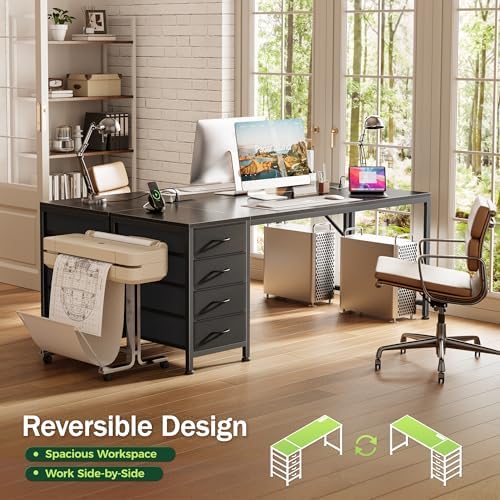 PRAISUN 63 Inch Computer Office Desk with Power Outelts and USB-C Port, Reversible Gaming Desk with 4 Fabric Drawers, Work Study Desk Work from Home, Black