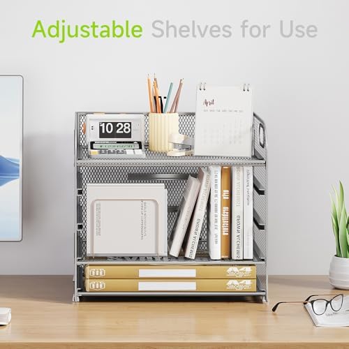 Cawukege 5 Tier Paper Organizer with Handle, Silver Metal Mesh Desk Organizer File Folder Paper Letter Tray Desktop Document Sorter for Classroom, School, Office Accessories Organization and Storage