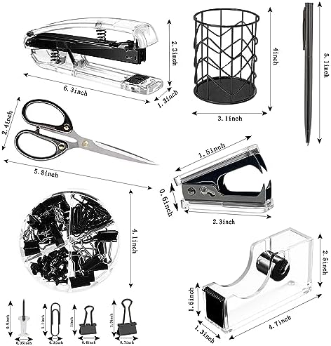 Office Desk Accessories，Office Supplies Set Acrylic Stapler Set Staple Remover, Tape Holder, Pen Holder, 2 Ballpoint Pen, Scissor, Binder Clips, Paper Clips and 1000pcs Staples(Black)