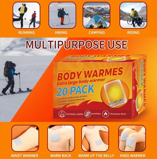 Body Warmes and Hand Warmers Extra Large Heat Packs,20 Count, 12 Hours Duration, for Athletes and Outdoor Activities