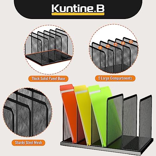 Kuntine.B Desk File Organizer Upright Mesh Desktop Organizer File Sorter Office Organization File Holder for Home, Office & Classroom (Black, 1 Pack 5-Section)