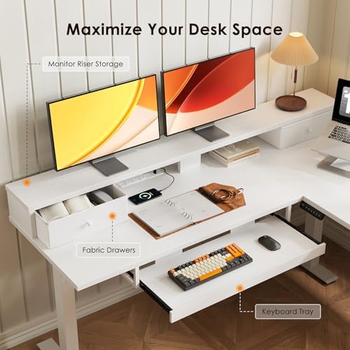 OffiGo 59 Inch L Shaped Electric Standing Desk with Drawers, White