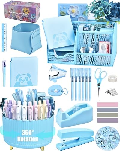 Blue Desk Accessories and Organizers with Desk Organizer and 360°Rotating Pen Holder stapler Pen and a Lot of Office Blue Office Supplies Beautifully Presented in a Gift Box