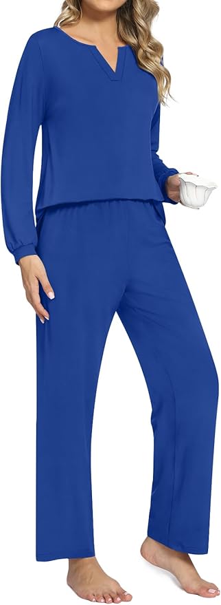 Anyally Women's Plus Size Pajama Sets Ladies Fall Pjs 2 Pieces Lounge Outfits V Neck Long Sleeves Sleepwear with Pockets