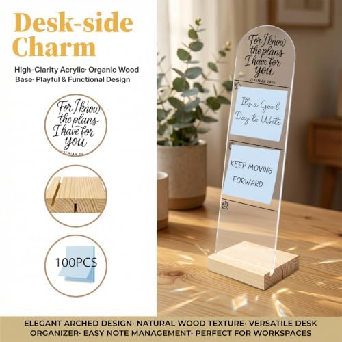 Monitor Memo Board, Sticky Note Holder, Message Board, Acrylic Desk Organizer with Wooden Base with 100Pcs Notes for Home Desktop and Office Desk I Know The Plans I Have for You