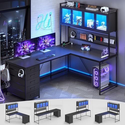 SEDETA L Shaped Gaming Corner Desk with Drawers, Hutch and Storage Shelves
