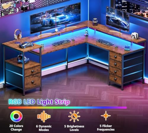Furologee 66'' L Shaped Computer Desk with 6 Drawers & LED, Rustic Brown