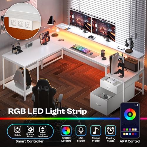 PRAISUN 66" L Shaped Gaming Desk with LED Lights & Power Outlets