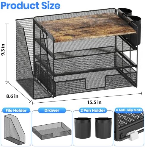 OPNICE Desk Organizer, 4-Tier Desktop File Organizer with Drawer and Pen Holders, Office Desk Accessories, File Sorters, Workspace Organizers for Office Supplies(Wood)