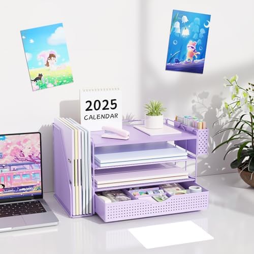 Wood Desk Organizers and Accessories with File Holder, 4-Tier Desk Accessories & Workspace Organizers with Drawer and Pen Holder, Desk Reference Organizer (Purple, 4T with Drawer)