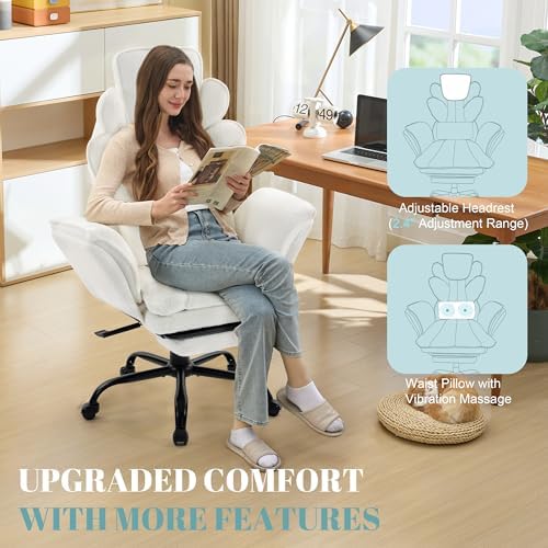 Flip Armrests Criss Cross Office Chair, Reclining Office Chair with Foot Rest, Adjustable Headrest, Massage Waist Pillow, Cross Legged Big and Tall Desk Chair Wide Seat Vanity Chair, White Fabric
