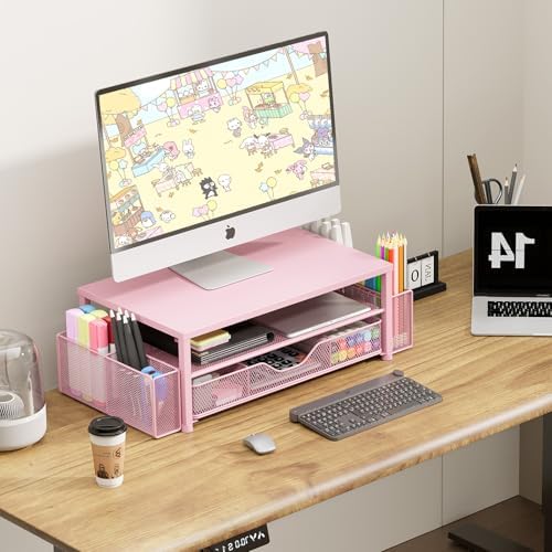 OPNICE Desk Organizer and Accessories, 2-Tier Computer Monitor Stand Riser with Drawer and 2 Pen Holders, Laptop Stand, Office Desk Accessories for Office Supplies, Pink
