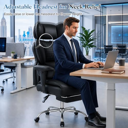 Big and Tall Office Chair 350 LBS, Scratch-Resistant PU Leather Executive Office Desk Chair with Footrest, Ergonomic Reclining Computer Chair with Pocket Spring Support for Home Office, Black