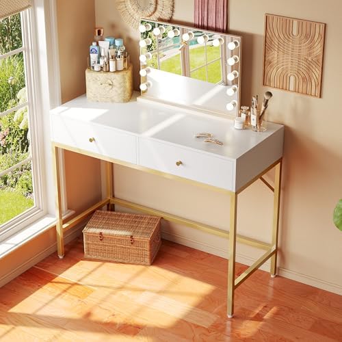 SUPERJARE 31.5" White and Gold Desk with 2 Drawers, Modern Vanity Desk