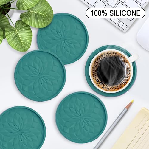 ME.FAN Silicone Coasters with Holder,[6 Pack] Drinking Coasters - Cup Mat for Hot or Cold Drinks, Thickened, Non-Slip, Non-stick,Deep Tray Teal Blue
