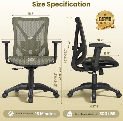Ergonomic Office Chair, Mesh Computer Desk Chairs with BIFMA X5.1 Certified, Adjustable Lumbar Support, 3D Arm, Tilt Back, Wide Seat, Comfy Swivel Work Task Chair for Company and Home (Satin Gold)