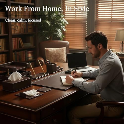 Leather Desk Set, 13-Piece All-in-One – Executive Desk Accessories & Office Supplies,Desk Organizer with Desk Pad & Blotter, 2-Tier Letter Tray, Luxury Office Desk Decor & Boss Gifts (Brown)