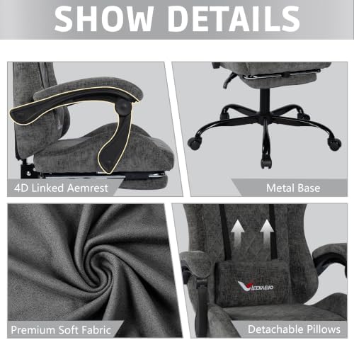 Fabric Gaming Chair for Adults, Ergonomic Computer Office Desk Chair with Footrest,Pocket Spring Cushion, Reclining High Back Silla Gamer for Home Office, Grey