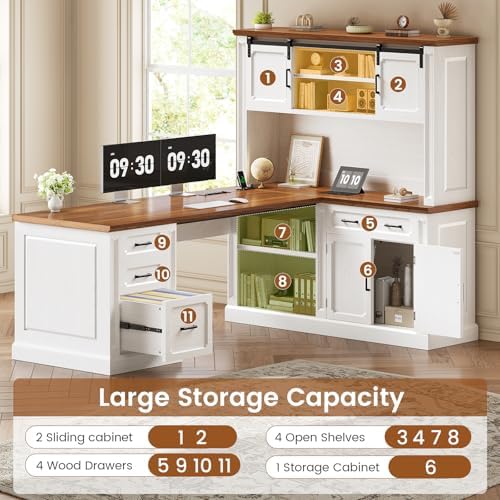 SEDETA 67" Farmhouse Executive L Shaped Desk with Hutch & Storage